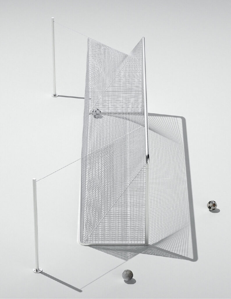 Soccer goal with net casting shadow on ground, two balls outside, minimalist design. Arc football goal post by All Design Lab.