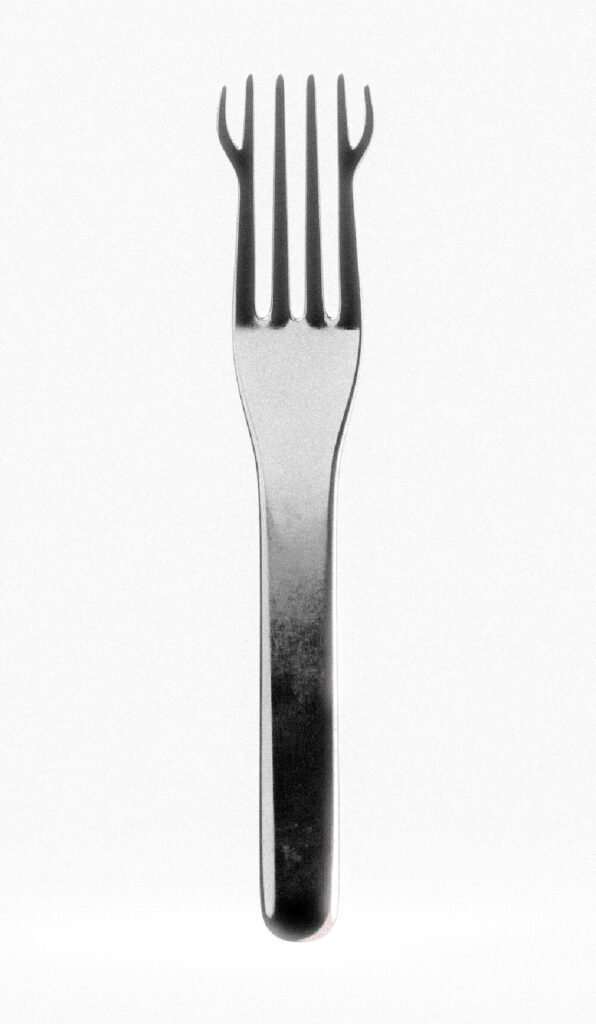 Top view of metal textured fork with extra tines. HungryWare Utensil Set by All Design Lab.
