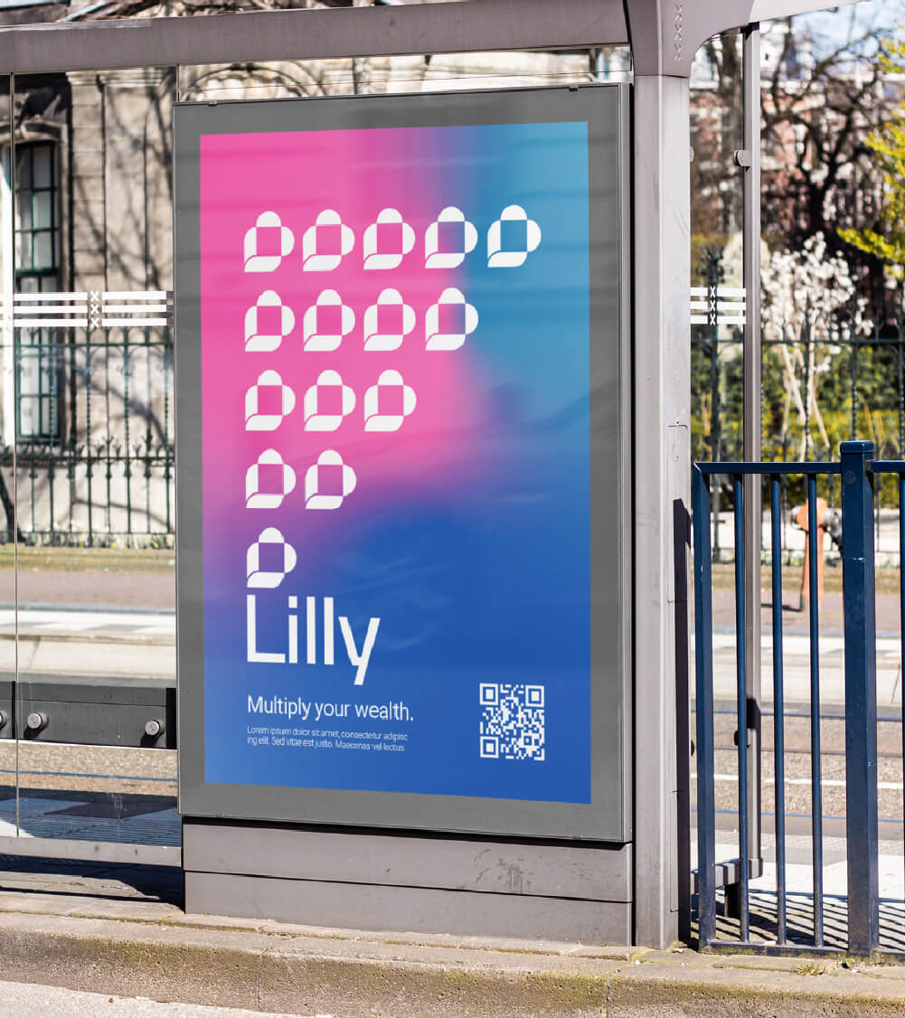 A poster showing the logo and name of the brand on a pink and blue gradient. Lilly Finance Branding by All Design Lab.