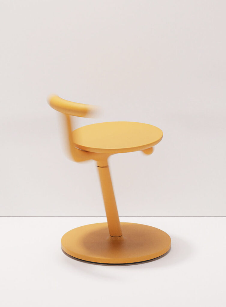A yellow chair with a circular based spinning. Sit and Stir chair by All Design Lab.